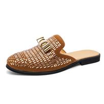 2024 Summer Rhinestone Half Slippers Loafer Men's Shoes Nightclub Party Trendy Shoes Leather Slip on Breathable Casual Moccasins 38 auksas
