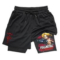 Anime Fullmetal Alchemist Sportiniai šortai vyrams 2 viename Suspaudžiami šortai su kišenėmis 5 colių Greitai džiūstantys Bėgimui Fitnesui M black