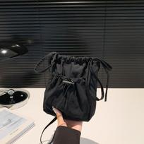 Korean Style Lazy Pleats Drawstring Crossbody Bag Soft Polyester Bucket Shoulder Purse juoda
