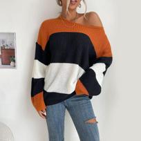 Vintage Fashion Elegant Casual Clothing Fall Women's Color Collision Round Neck Knit Inside The Pullover Sweater Women S