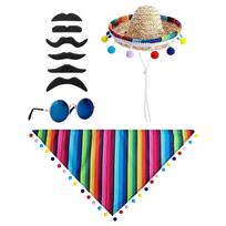 Sombrero Hat Set with Striped Bandana Pom Pom Trim Sunglasses and Fake Mustache Accessories for Costume Party Use One Size