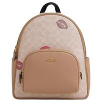 Coach Teri 27 Lip Print Zipper Closure Coated Canvas And Leather Backpack Large Women Backpack Gold Sand Multicolor CZ936-IMSAS Basic Set (Bag+Dust Bag)