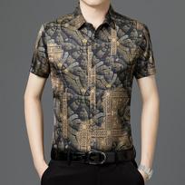 Men's Summer Hong Kong Style Loose Collar Top Men's Short Sleeved Shirt Men's Shirt 2XL chaki