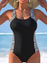 Hot selling women's black and white printed one piece swimsuit one piece swimsuit L