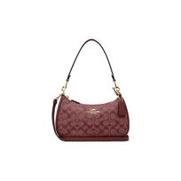 COACH Teri 25 classic old pattern jacquard zipper closure fabric spelled cow leather armpit bag hand shoulder bag medium size women's burgundy raudona