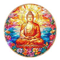 Stained Glass Style Buddha Sitting Meditation Mandala Wall Art Round Decorative Panel for Home Office Yoga Studio Spiritual Space One Size