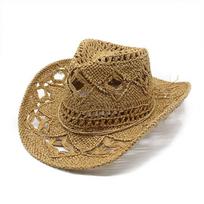 Hollow straw hat Straw Cowboy Hats Western Beach Felt Sunhats Party Cap for Man Women Khaki Summer Jazz Straw Hat 56-58CM chaki