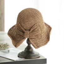 2020Parent-child 100%Raffia Bow Sun Hat Wide Brim Floppy Summer Hats For Women Beach Panama Straw Dome Bucket Hat Shade Hat adult 54-58CM šviesiai ruda spalva