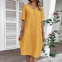 Women's V-Neck Loose Comfortable Short Sleeve Cotton Linen Dress XL geltona