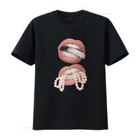 Double Pearls Grillz Lips Boxy Cotton T Shirt Opium Y2K Fashion Streetwear Crew Neck vintage Washed Soft Casual streetwear S įvairiaspalvis