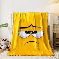 Yellow background with a sad cartoon face featuring droopy eyes and frown. for all seasons blanket lunch break throw gift 80cm x 120cm
