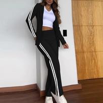 Women's Casual Two-Piece Set Blazer and Wide Leg Pants with Stripe , Comfortable and Stylish Outfit for All Seasons L juoda