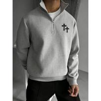 Street Style Gothic Cross Print Men's Half Zip Sweatshirt, Street Fashion Stand Up Collar Sweatshirt, Long Sleeved Stand Up Collar Sweatshirt S pilka