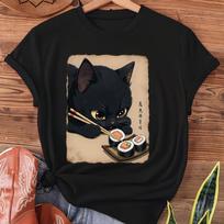T-Shirt-Cute Anime Sushi Roll & Cat Print, Soft Stretch Round Neck Summer Top, Casual Theme Outfit M