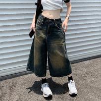 New 2026 Streetwear Y2k Style Baggy Denim Shorts Women Wide Leg Short Pants Fashion High Waisted Wash Knee Length Jeans Female S mėlyna