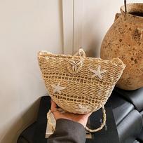 Shell Flower Decoration Design Woven Crossbody Bags Woman Y2K Harajuku Vintage Beach Vacation Style Handbag CLE 23x12.5x17cm smėlis
