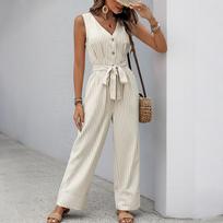 Summer New Style Casual One-piece Pants with Sleeveless Shoulder Straps and Striped One-piece Long Pants S chaki