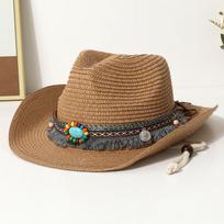Spring And Summer Western Cowboy Hat Men's Cowboy Straw Caps Woman's Sun Protection Travel Ethnic Style Large Eave Beach Hats chaki