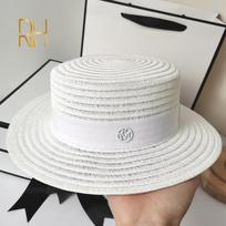 Anna Fashion Flat Top Boater Straw Hat Summer Female M Letter Top Vacation Breathable Party White Socialite Hat 55-58cm(adult size) balta