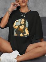 Krėsti pokštus Monai Lizai Fitness Print Moteriški marškinėliai Didelio dydžio kasdieniai marškinėliai Kasdieniai trumpomis rankovėmis medvilniniai laisvi marškinėliai 4XL