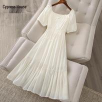 Elegant Square Neck A-Line Midi Dress L abrikosas