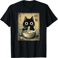 Kawaii Ramen Katė Retro Japoniškų Makaronų Meno Kūrinys Marškinėliai M