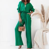 Spring Loose Shirt Wide-leg Fashion Suit Women's Two-piece Suit XS žalia