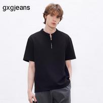 GXGJEANS Men's Waffle Half-Zip Short Sleeve T-Shirt 185/XXL juoda