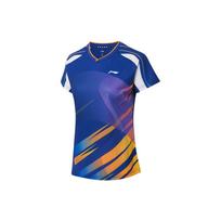 Li Ning Ping Pong Series Striped Logo Quick-Dry V-Neck Short Sleeve T-Shirt Women Tops Blue AAYS238-1 XS