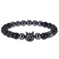 Wolf Charm Bracelets Men Natural Black Agates Onyx Stone Bracelet Brave Blue Tiger Eye Elastic 8 mm Beads  Beaded Pulsera
