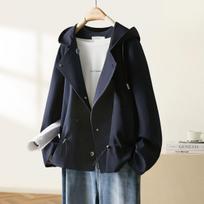 Autumn Hooded Short Windbreaker for Womens Autumn Latest Relaxed Fit Design Niche Jacket S tamsiai mėlyna spalva