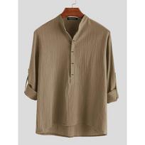 Men's White Linen Blend Henley Shirt Mandarin Collar Long -Sleeve Casual Top Casual Top S ruda