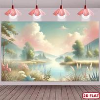2D Pastel Sky Lake Landscape Photography Backdrop, Soft Dreamy Mountain & Flowers Background Cloth for Party Decor 47.2x31.5inch/120*80cm