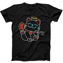 Maneki Neko Japanese Lucky Cat Neon Line Light Funny Gift Black T Shirt 68 S įvairiaspalvis