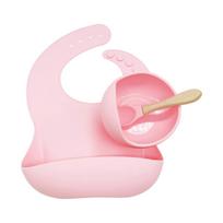 3 Pcs Baby Newborn Bibs+Suction Dish Bowl Plate+Spoon Set Feeding Tableware Kit  Pink