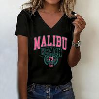 Malibu Beach T-shirt V Neck Casual Fashion Comfortable T Shirts Women Short Sleeve Tee Shirt V-Neck Summer Spring Tops S