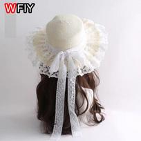 Forest countryside Harajuku Women Girl Beach Sun Hat Sweet Lolita Kawaii Princess ribbon Floral Lace Bow Straw Hat Handmade M 56-58CM balta
