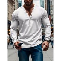 Men's Long Sleeve Henley Top Button Placket V-Neck Slim Fit Casual Daily Shirt S balta