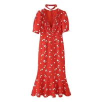 Women's summer new French sweet design slim bubble sleeve floral dress S raudona