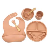 8 Pcs Baby Silicone Bibs Divided Dinner Plate Suction Bowl Spoon Fork Cup Set  deep orange red geltona