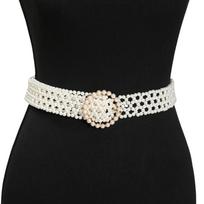 Buckle Pearl Waist Chain Hollow Pearl Waist Belt Fashion Coat Belt  Coat Round Buckle