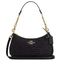 COACH Teri 25 Brand Logo Straw and Smooth Leather Crossbody Shoulder Bag Medium Women's Black juoda