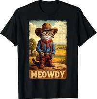 Meowdy Funny Country Side Cat Hat Vintage Cowboy Cat T- Shirt S
