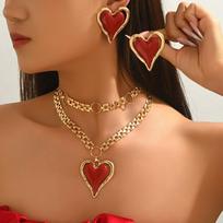 Chunky Chain Statement Necklace Enamel Heart Earrings Jewelry Set  Date Night raudona