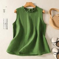 Bohemian Retro Solid Color Simple Style Sleeveless Top Summer New Arrivals Linen Cotton Women's Vest with Crew Neck M žalia