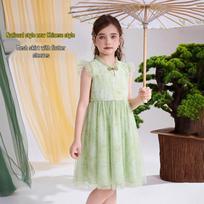 ASK JUNIOR Girls' Chinese Style Cheongsam Mesh Dress 130 žalia