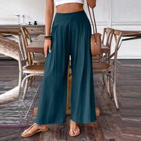 Women's Casual Wide Leg Pants with Side Zipper Relaxed Fit Elastic Waistband Lightweight Loose Trousers for Everyday Wear S mėlyna