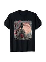 Japanese Geisha & Samurai Sakura Cherry Blossom T Shirt Black Tee with Red Flo S įvairiaspalvis