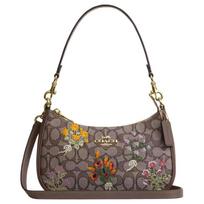 COACH shoulder bag Teri 25 Floral Embroidered Zip Closure Detachable Top Hand Strap Signature Jacquard and Smooth Leather Medium Women's Oak ruda