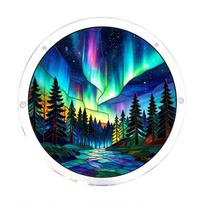Round Stained Glass Window Hanging Puzzle Suncatcher Home Decoration for Garden Kitchen Sunroom with Forest and Northern Lights Design One Size